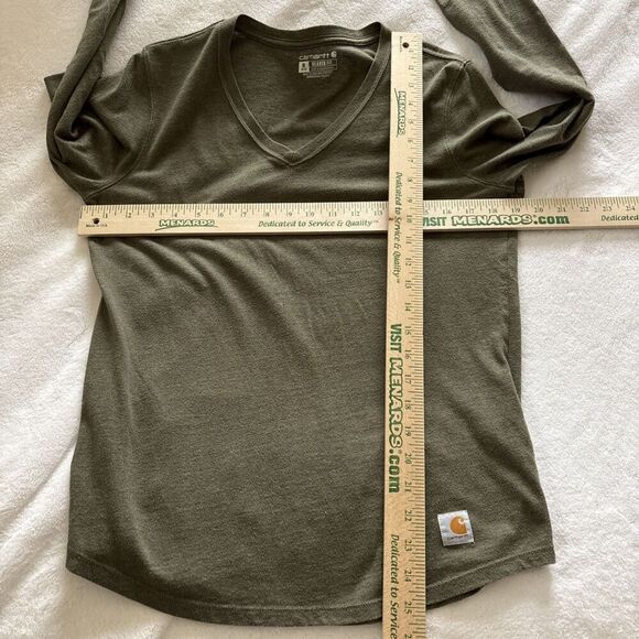 Carhartt Long Sleeve Green‎ women’s medium Hiking V-Neck T-Shirt Relaxed Fit - Picture 5 of 6